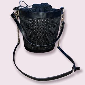 INC Ajae Woven Black Bucket Drawstring Crossbody Bag